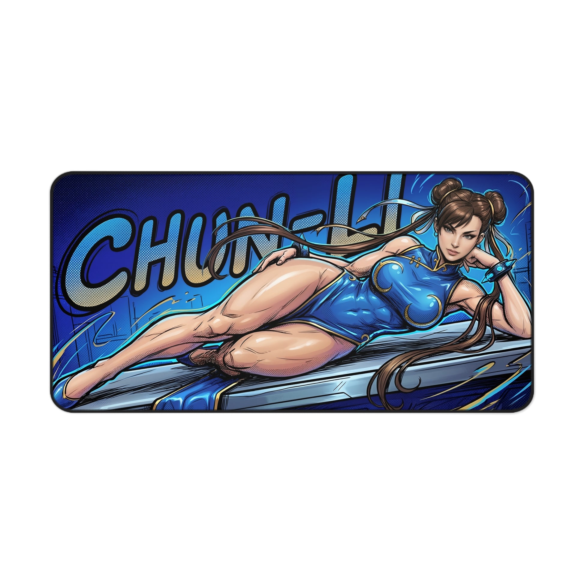 Chun-Li Desk Mat, Fighting Game Mouse Pad, Gamer Desk Setup — reclining Chun-Li artwork on blue stitched-edge non-slip gaming desk mat