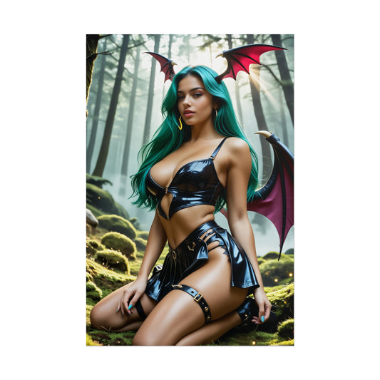 Morrigan Aensland Poster – Iconic Dark Fantasy Heroine Wall Art Decor featuring succubus with green hair and bat wings in misty forest