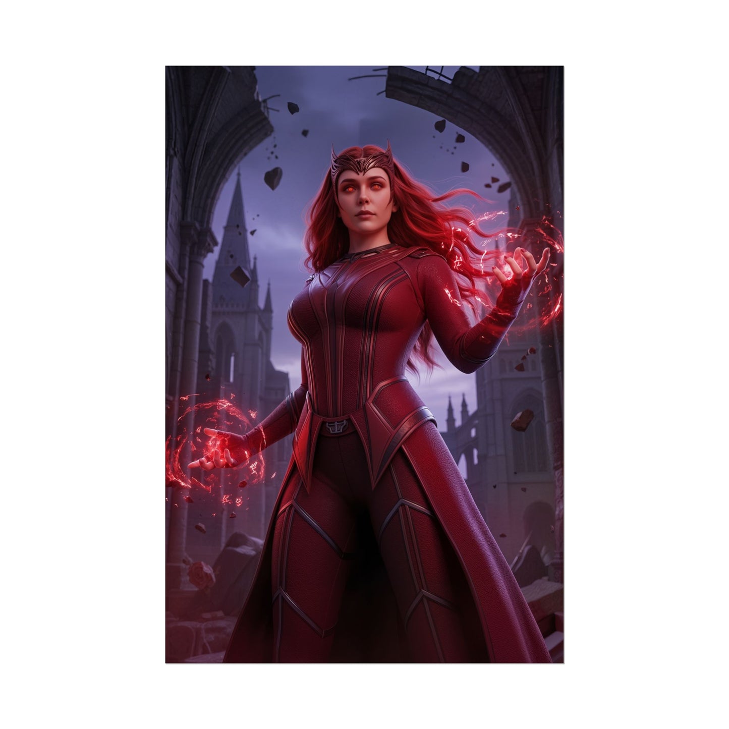 Scarlet Witch Poster, Marvel Art Print – Mystic Superhero Wall Art showing Scarlet Witch in red costume casting magic in ruined cathedral scene