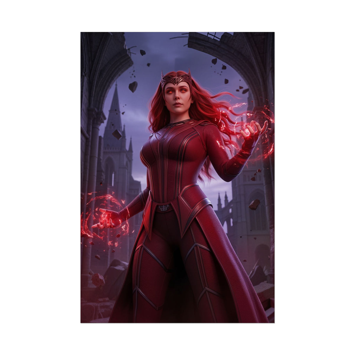 Scarlet Witch Poster, Marvel Art Print  Mystic Superhero Wall Art showing Scarlet Witch in red costume casting magic in ruined cathedral scene