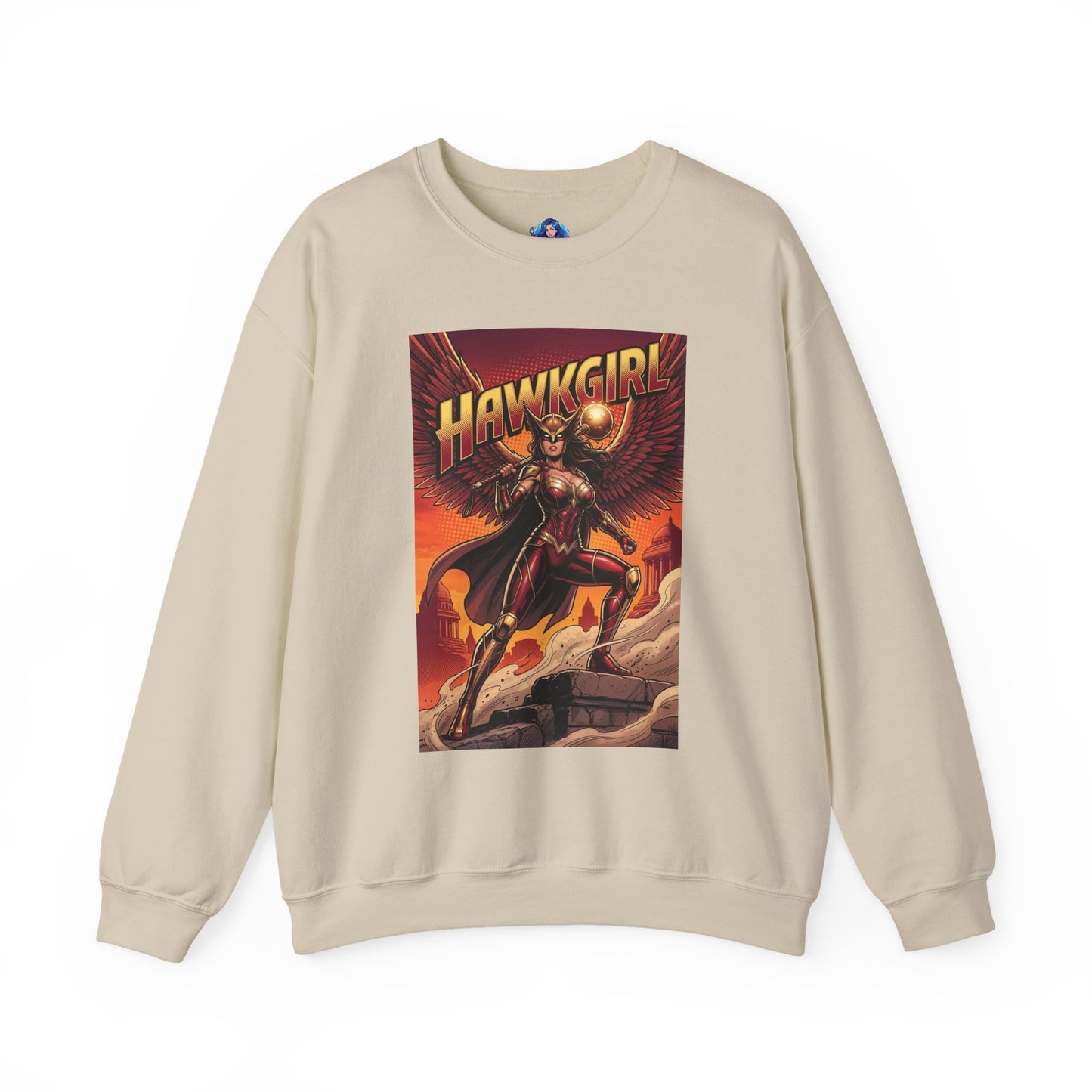 Hawkgirl Sweatshirt, DC Comics Wall Art Style, Premium Heroine Apparel - beige crewneck featuring anime-inspired Hawkgirl with wings and mace