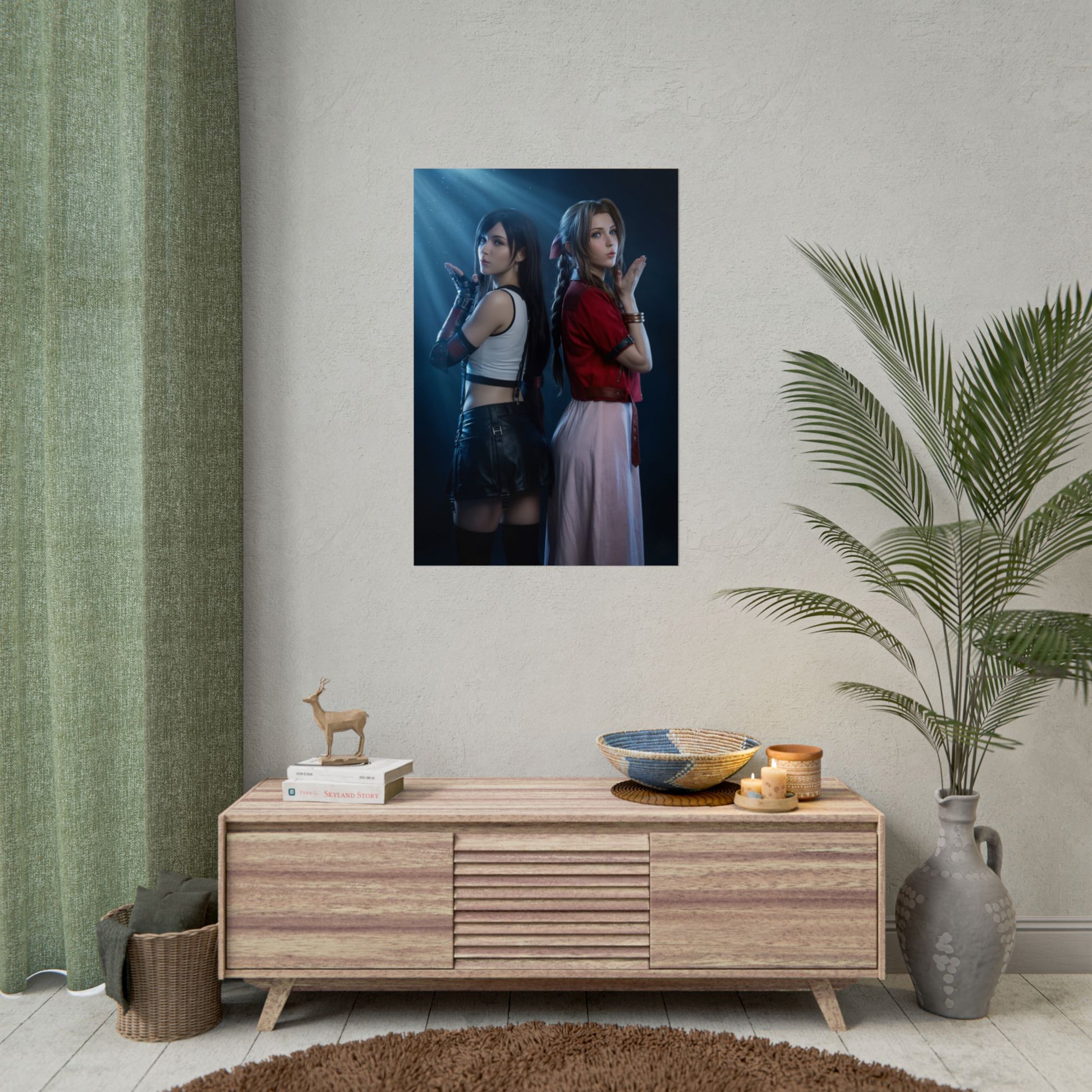 Tifa Lockhart and Aerith Poster – Iconic RPG Heroines Wall Art Decor framed on living room wall with vivid, high-resolution character print