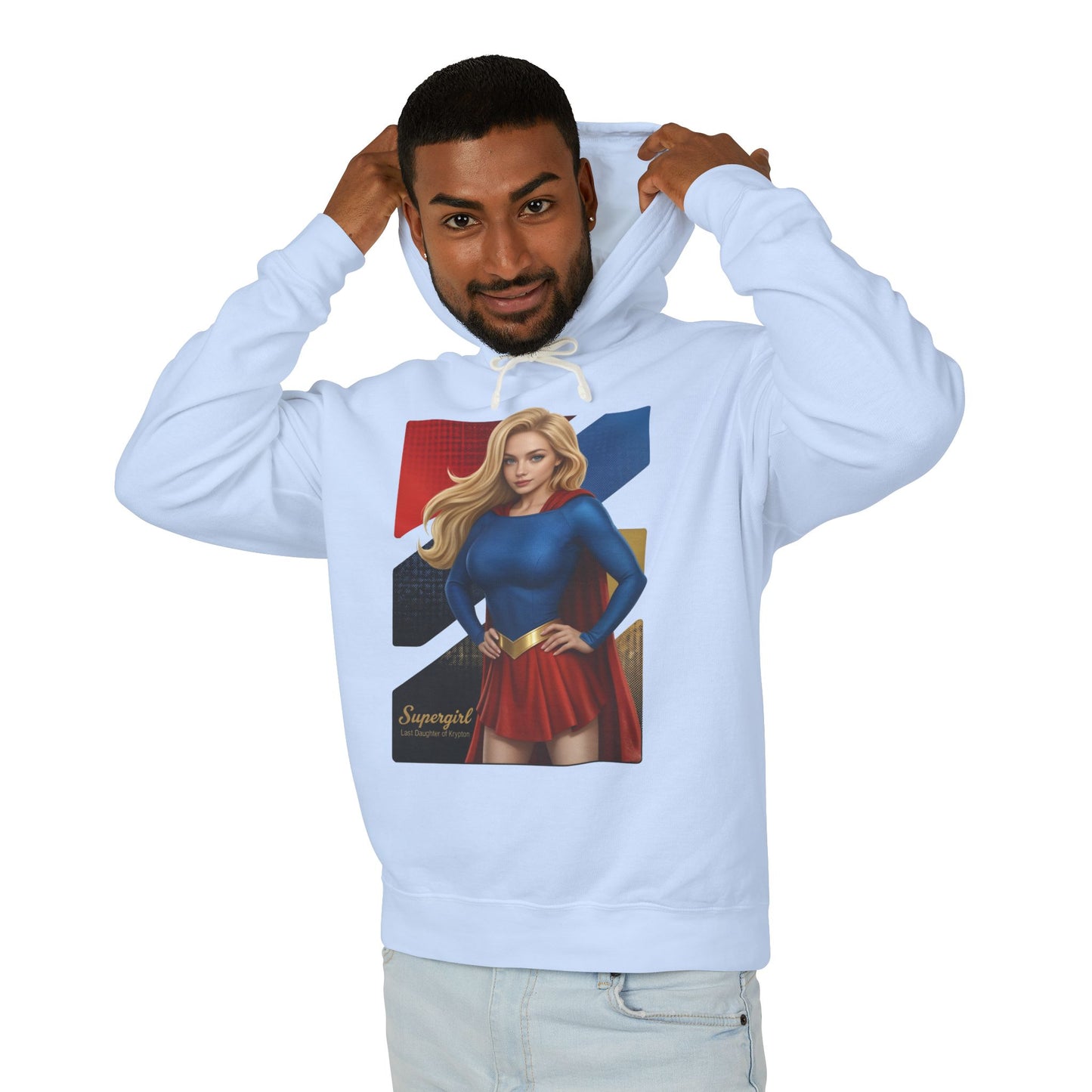 Alt Tag: Supergirl Hoodie | DC Comics Hoodie | Anime Superheroine Pullover model wearing light blue hoodie with bold anime Supergirl illustration