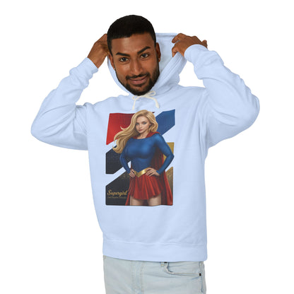 Alt Tag: Supergirl Hoodie | DC Comics Hoodie | Anime Superheroine Pullover model wearing light blue hoodie with bold anime Supergirl illustration