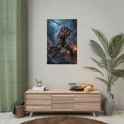 A2 Poster, NieR Automata Art Print – Sci-Fi RPG Heroine Wall Decor showing armored female warrior with sword in fiery cyberpunk battlefield