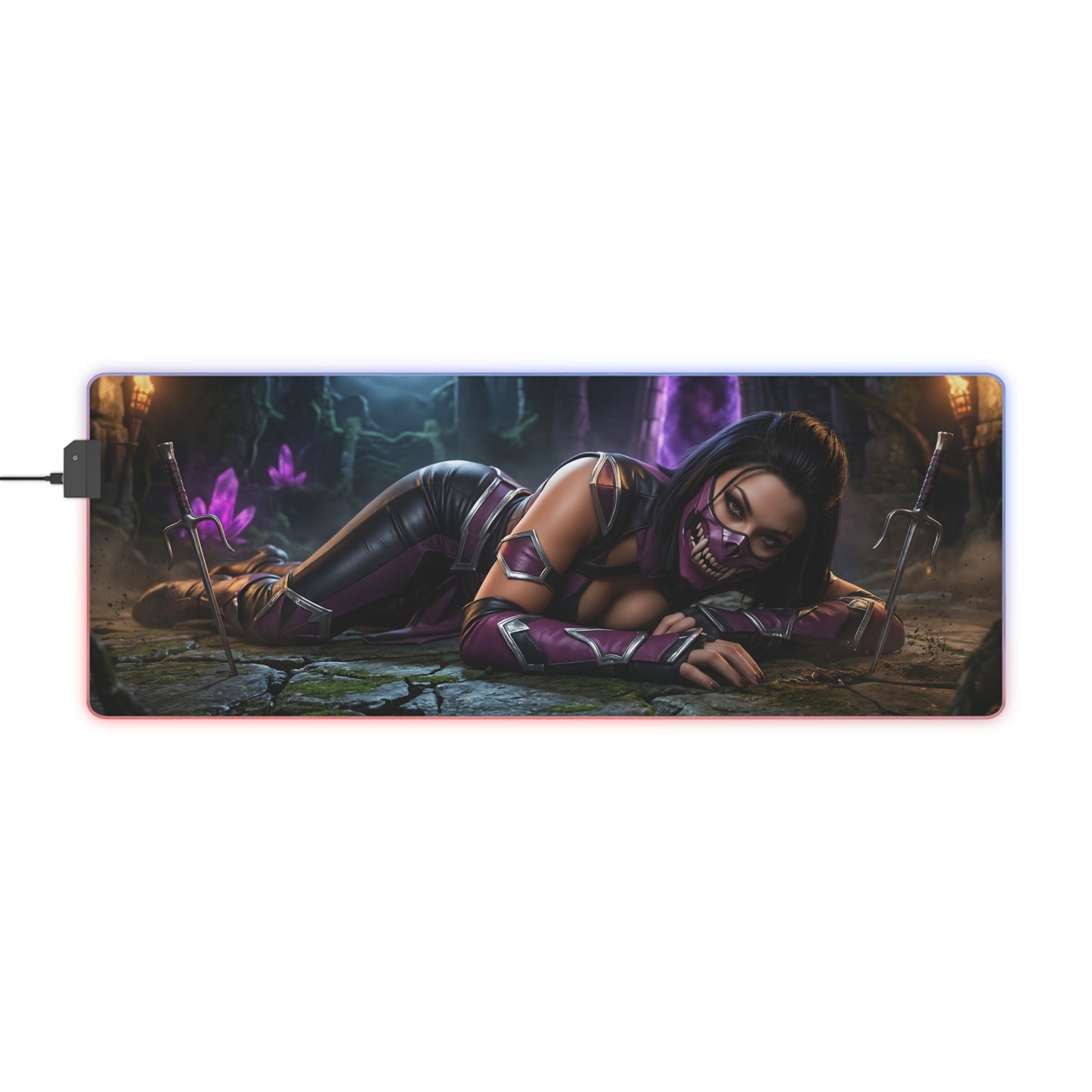 Mileena Desk Mat – LED RGB Pad, Waifu Fighter Anime Girl Setup featuring fierce waifu fighter on RGB gaming desk mat