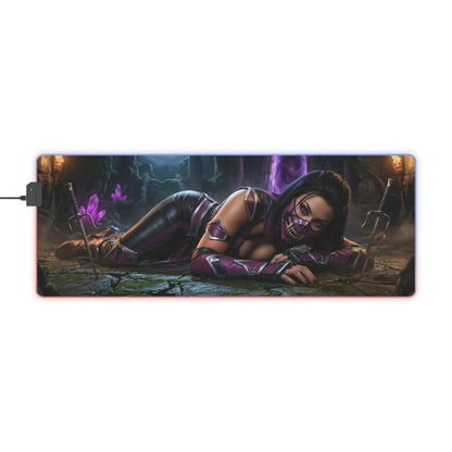 Mileena Desk Mat – LED RGB Pad, Waifu Fighter Anime Girl Setup featuring fierce waifu fighter on RGB gaming desk mat