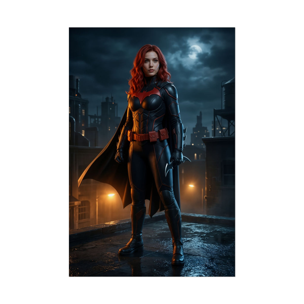 Batwoman Poster, DC Comics Art Print, Iconic Gotham Hero Wall Decor - red-haired Batwoman standing on rooftop at night with city skyline