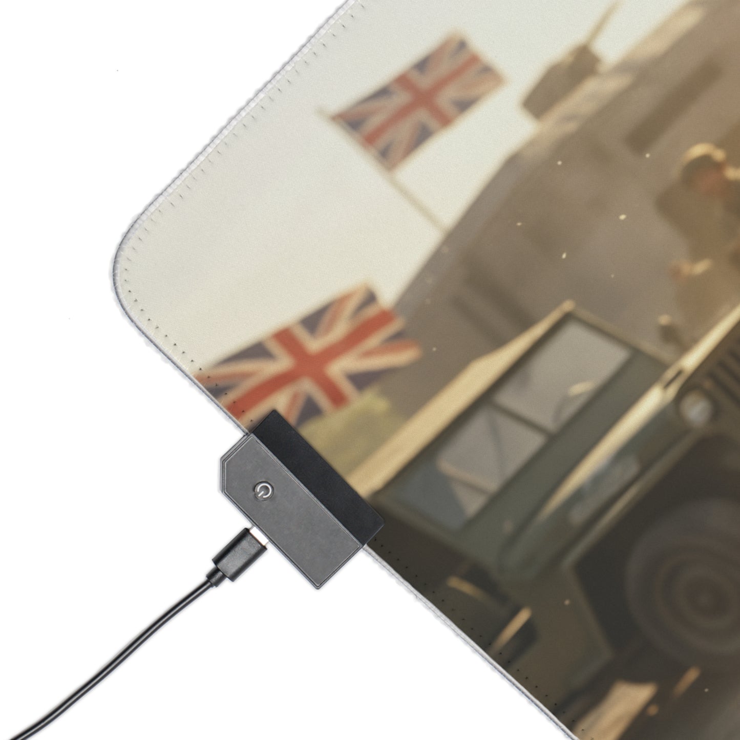 Cammy White Desk Mat – LED RGB Pad, Waifu Fighter Anime Girl Setup showing USB LED controller corner with vintage military vehicle and Union Jack flags