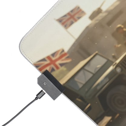 Cammy White Desk Mat – LED RGB Pad, Waifu Fighter Anime Girl Setup showing USB LED controller corner with vintage military vehicle and Union Jack flags