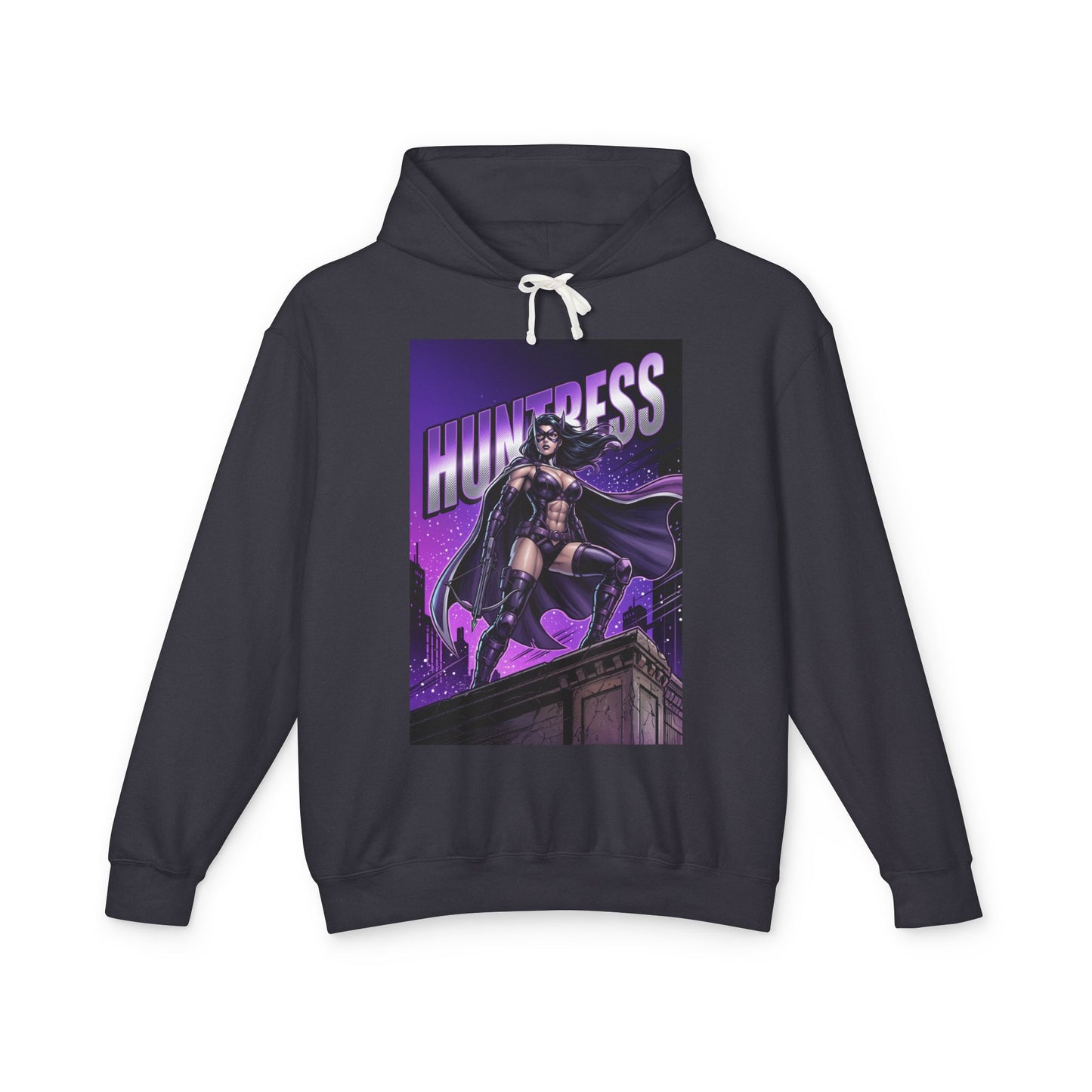 Huntress Hoodie | DC Vigilante Hoodie | Gotham Avenger Pullover - dark purple graphic hoodie featuring Huntress on rooftop