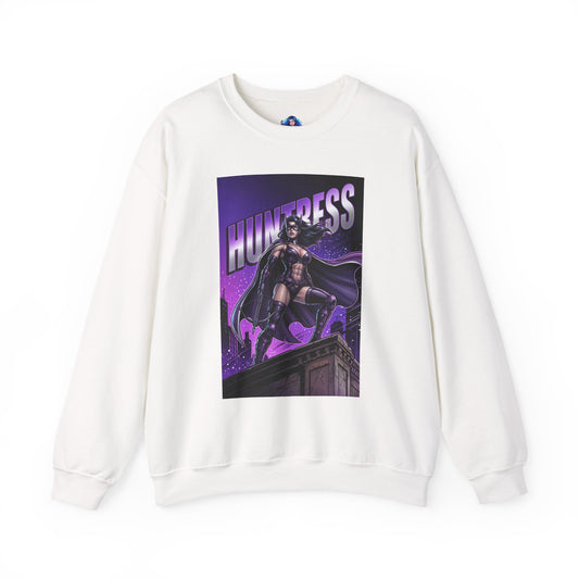Huntress Sweatshirt, DC Comics Character Art, Premium Fan Apparel - white crewneck featuring Huntress on a rooftop with dramatic purple comic art