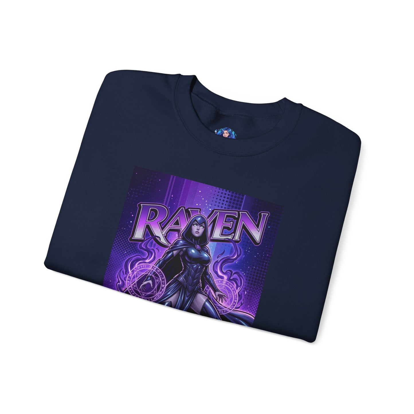 Raven Sweatshirt, DC Comics Art Print Style, Premium Mystic Apparel navy crewneck with anime-style Raven artwork, glowing arcane symbols