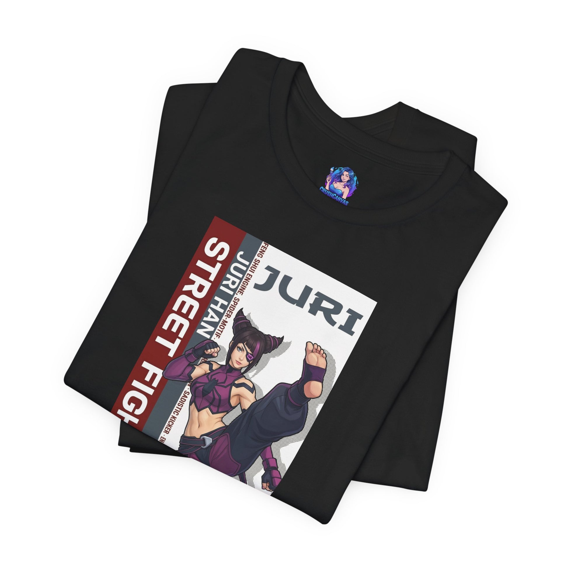 Juri Han T-Shirt | Street Fighter Anime Tee for Gamers & Fighting Game Fans black Bella Canvas tee featuring bold anime-style Juri illustration