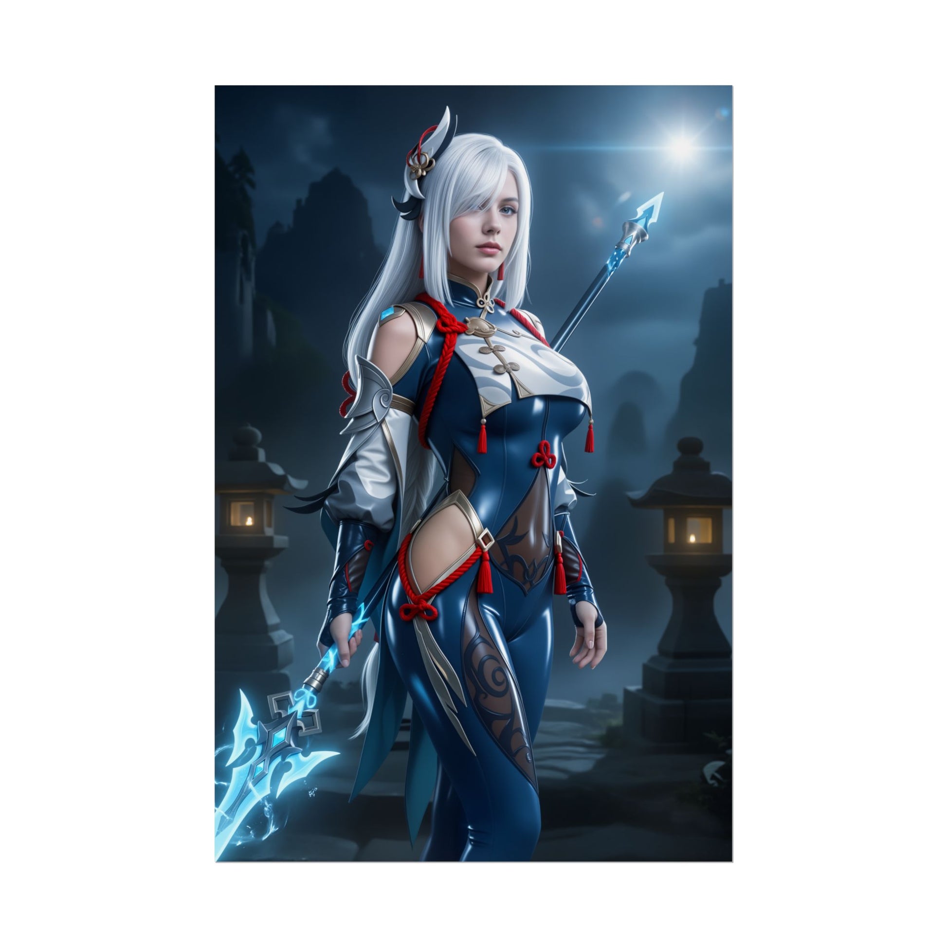Shenhe Poster, Genshin Impact Art Print – Iconic Cryo Adeptus Heroine featuring elegant Shenhe holding a glowing polearm in moonlit shrine scene