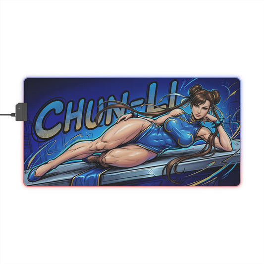 Chun-Li RGB Desk Mat, Fighting Game Gaming Mouse Pad, LED Desk Mat for Gamer Setup with vibrant blue Chun-Li artwork and RGB lighting