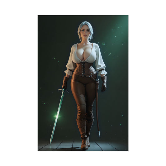 Ciri Poster, White-Haired Anime Girl Art Print, Waifu Fantasy Wall Decor — cinematic white‑haired warrior Ciri with sword, glowing aura, ultra‑high resolution art print