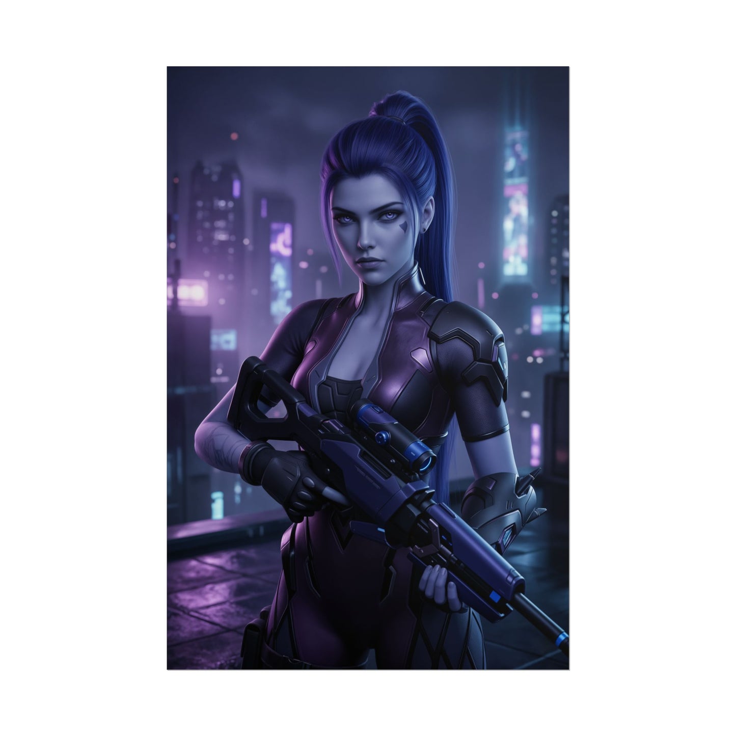 Widowmaker Poster Overwatch Wall Art Print Gaming Room Decor – neon-lit Widowmaker sniper in sci-fi city, cool-toned gaming room print