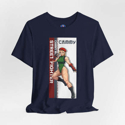 Cammy White T-Shirt | Street Fighter Anime Tee for Gamers & Fighting Game Fans - anime-style Cammy print on Bella Canvas 3001 navy tee