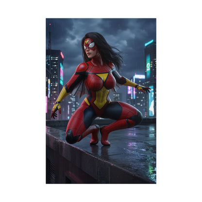 Spider-Woman Poster, Marvel Art Print – Jessica Drew Wall Art featuring Jessica Drew in red and yellow suit perched on a rainy city rooftop