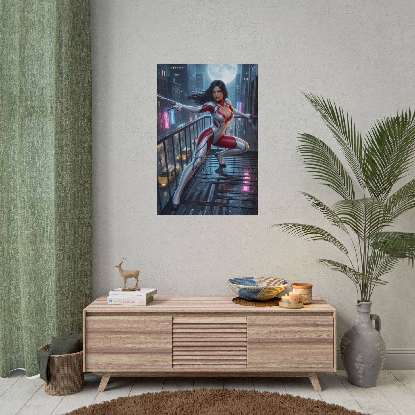 Spider-Woman Poster, Marvel Art Print – Superhero Wall Art vivid gamer room decor featuring Spider-Woman on rooftop at night