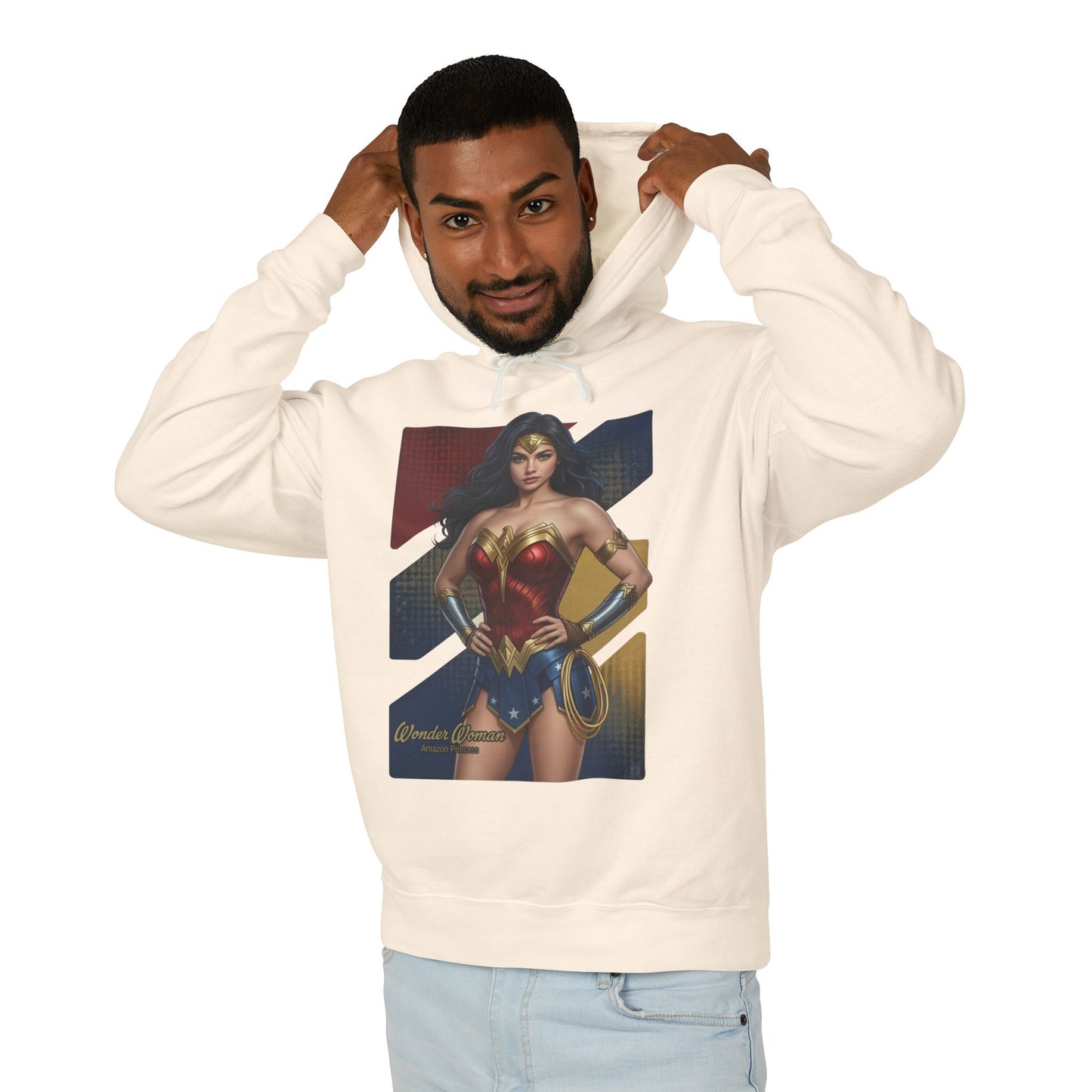 Wonder Woman Hoodie | DC Comics Hoodie | Anime Warrior Goddess Pullover - cream hoodie with anime-style Wonder Woman print modeled by smiling man