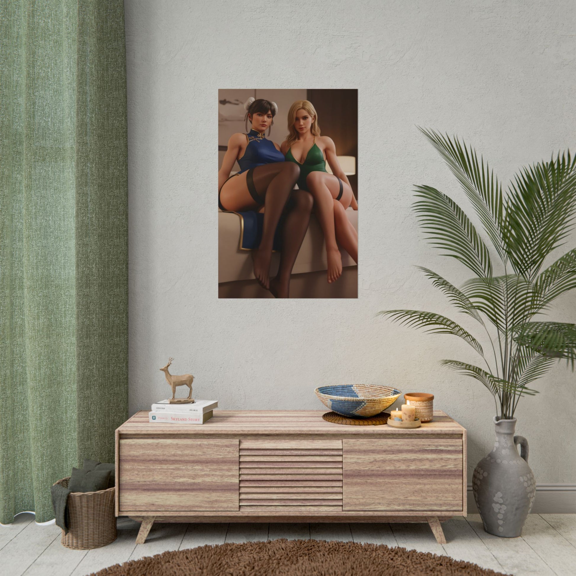 Chun-Li and Cammy White Poster, Street Fighter Art Print – Iconic Fighters displayed on wall in modern gamer room