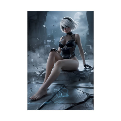 2B Poster / 2B Wall Art / 2B Art Print / NieR Automata Poster showing 2B in moody ruins, cinematic lighting and floating data fragments