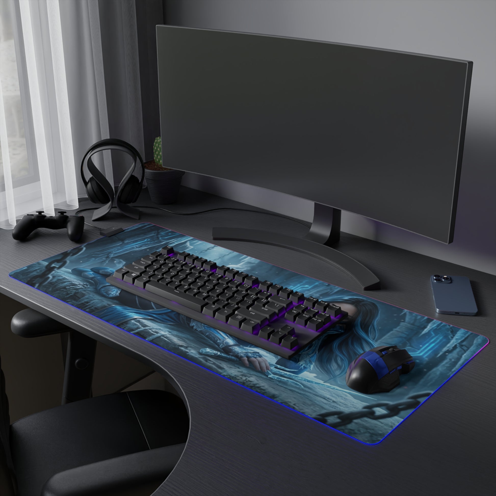Frost Desk Mat – LED RGB Pad, Waifu Fighter Anime Girl Setup on gaming desk with mechanical keyboard and RGB mouse