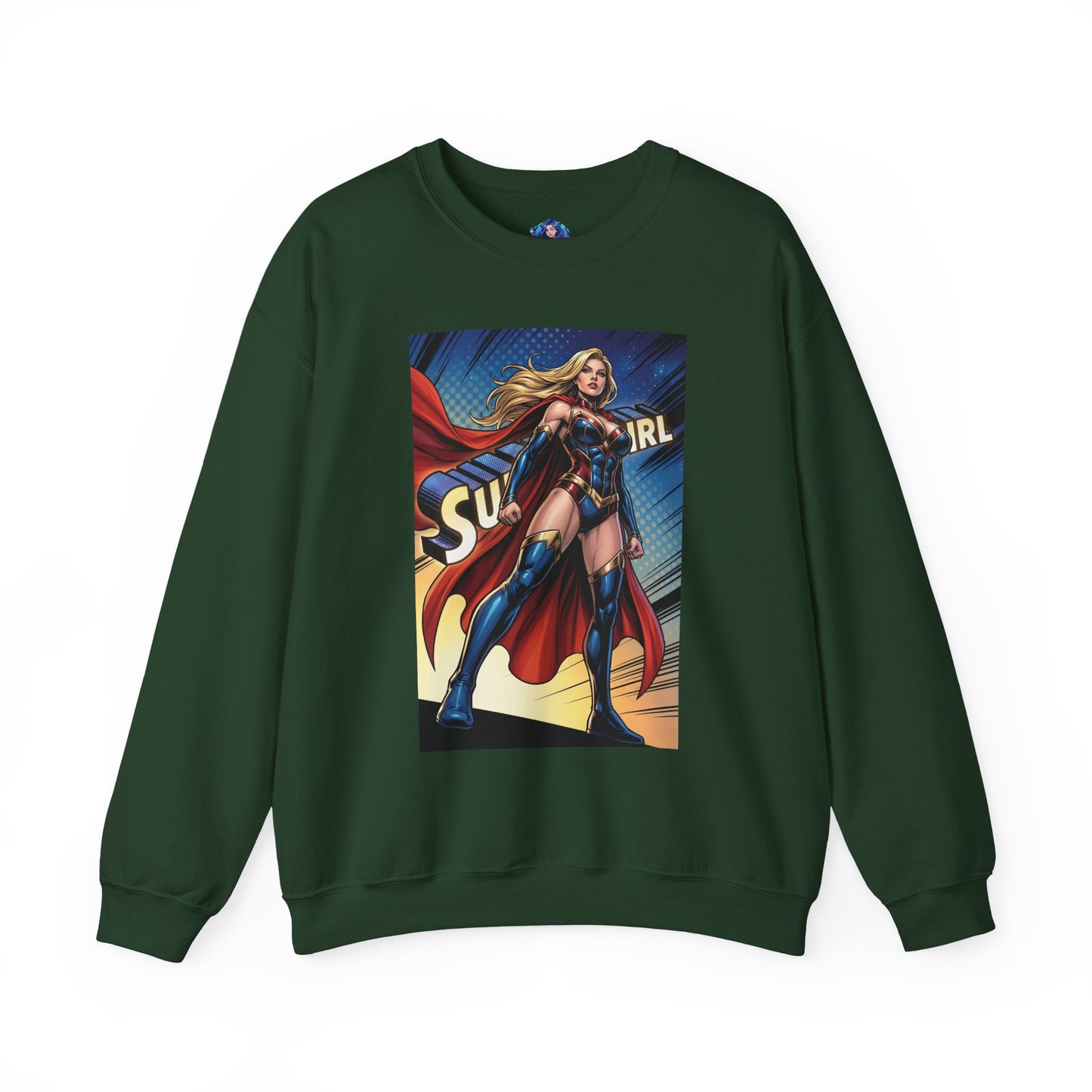 Supergirl Sweatshirt, DC Comics Crewneck, Iconic Superhero Fan Apparel — dark green crewneck with bold comic-style Supergirl graphic