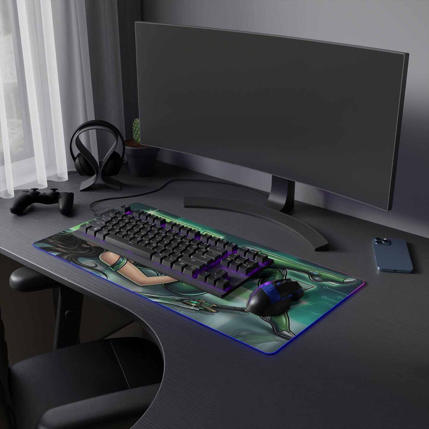 EVE RGB Desk Mat, Stellar Blade Gaming Mouse Pad, LED Desk Mat for Futuristic Setup on dark desk with RGB keyboard and gaming mouse