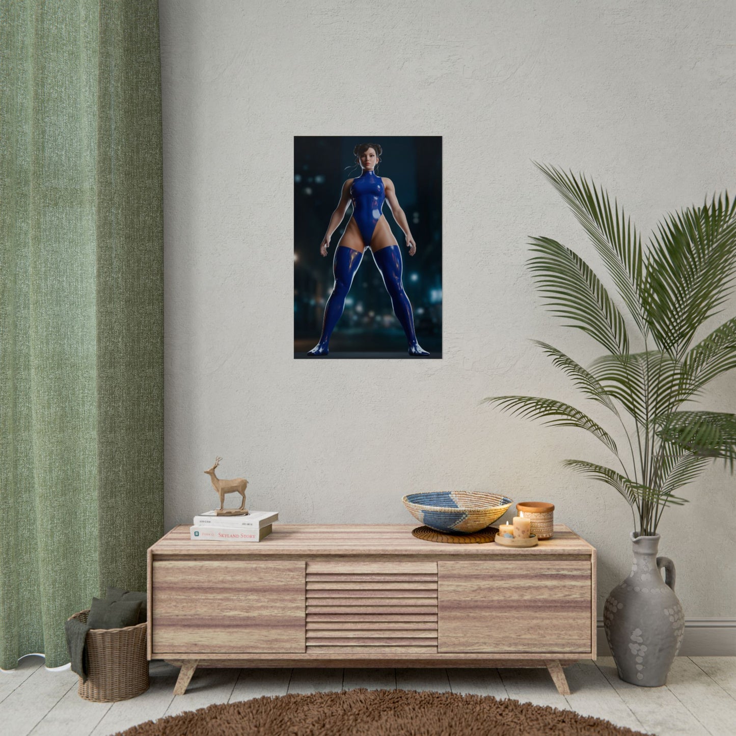 Chun-Li Poster, Street Fighter Art Print – Fighting Game Wall Decor hanging in modern gamer room over wooden console