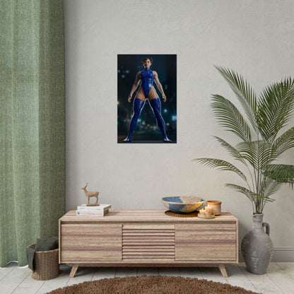 Chun-Li Poster, Street Fighter Art Print – Fighting Game Wall Decor hanging in modern gamer room over wooden console