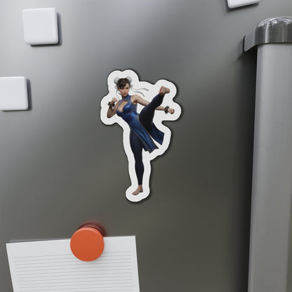 Chun-Li Magnet – Street Fighter Anime Heroine Fridge Magnet, Game Decor die-cut vinyl magnet on fridge showing Chun-Li kicking in anime-style artwork