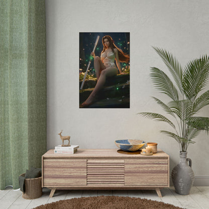 Aerith Gainsborough Poster / Aerith Wall Art / Aerith Art Print / Final Fantasy VII Poster - moonlit Aerith with staff and floating petals wall decor