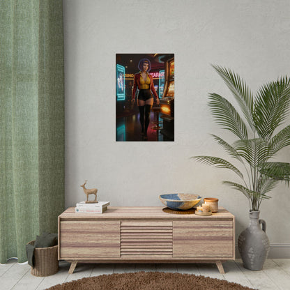 Faye Valentine Poster, Cowboy Bebop Art Print – Anime Wall Art displayed in modern gamer room above console, neon arcade scene