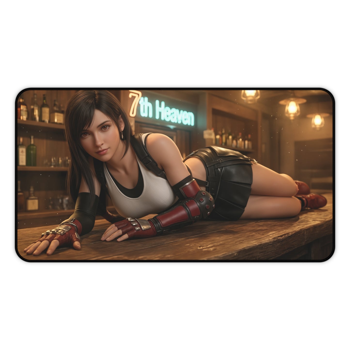 Tifa Lockhart Gaming Mouse Pad, Final Fantasy Desk Mat, RPG Heroine Setup featuring Tifa reclining on a bar counter with 7th Heaven sign