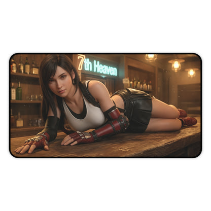 Tifa Lockhart Gaming Mouse Pad, Final Fantasy Desk Mat, RPG Heroine Setup featuring Tifa reclining on a bar counter with 7th Heaven sign