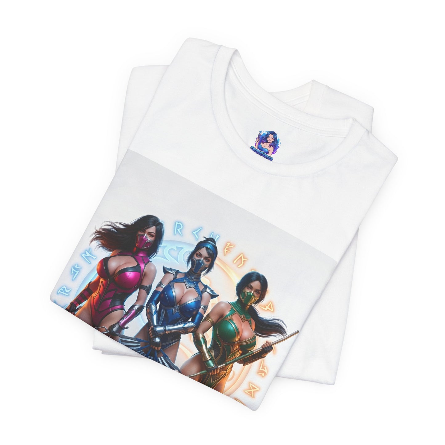 Kitana Jade and Mileena T-Shirt | Mortal Kombat Anime Tee for Gamers & Fans - folded white tee showing anime-style Kitana, Jade, Mileena trio print