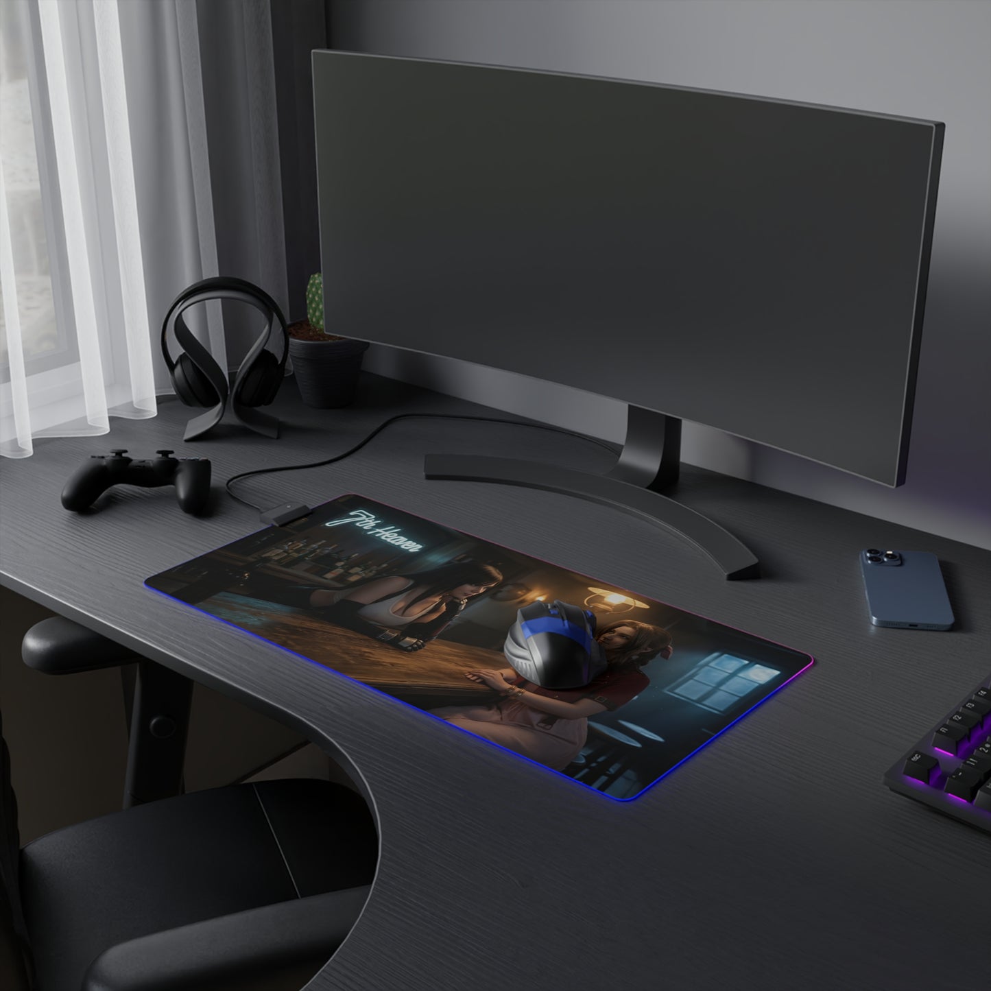 Tifa Lockhart & Aerith Gainsborough Desk Mat – LED RGB Pad on gaming desk with RGB lighting, smooth precision-cloth surface and duo heroine artwork