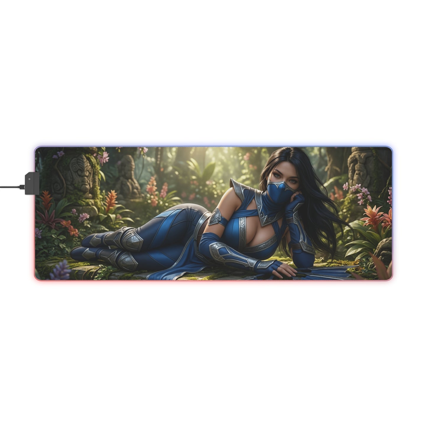 Kitana Desk Mat – LED RGB Pad, Waifu Fighter Anime Girl Setup reclining warrior anime girl in blue outfit on RGB gaming desk mat