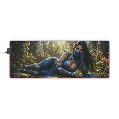 Kitana Desk Mat – LED RGB Pad, Waifu Fighter Anime Girl Setup reclining warrior anime girl in blue outfit on RGB gaming desk mat