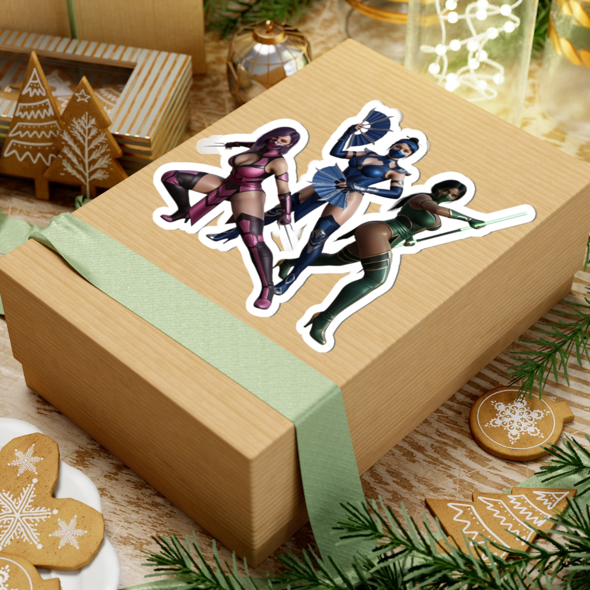 Kitana, Jade, Mileena Sticker – Mortal Kombat Vinyl Sticker for Laptops & Indoor Decor on gift box showing vibrant glossy trio decal