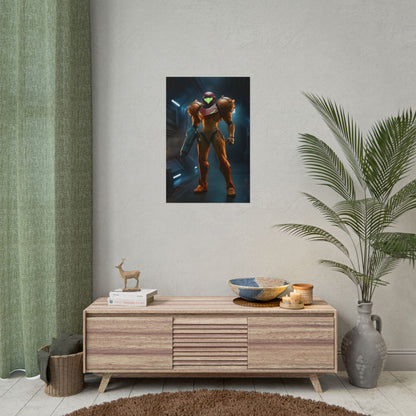 Samus Aran Poster Sci Fi Armor Wall Art Print Gaming Room Decor - armored bounty hunter poster in futuristic corridor with detailed reflections