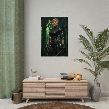Cassie Cage Poster – Modern Fighting Game Heroine Wall Art for Gamer Decor showing female hero in tactical suit on gothic background