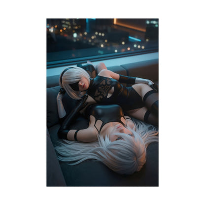 2B and A2 Poster, NieR Automata Art Print – Action RPG Duo for Gamers, moody gaming room poster of reclining androids