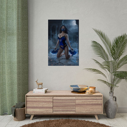 Kitana Poster / Kitana Wall Art / Kitana Art Print / Mortal Kombat Poster - cinematic moonlit Kitana kneeling with blue energy fans in temple scene
