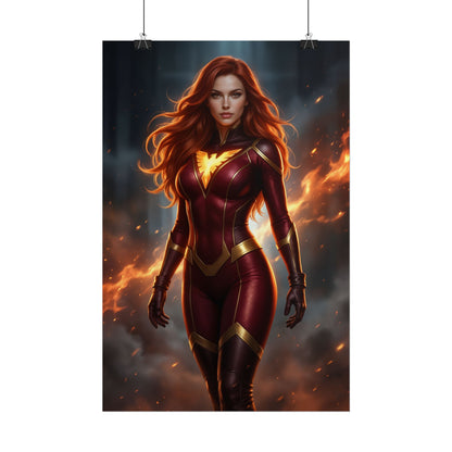 Jean Grey Poster, Marvel X-Men Art Print, Iconic Telepath Hero Wall Decor - vibrant portrait of Jean Grey in phoenix suit, fiery comic-book wall art