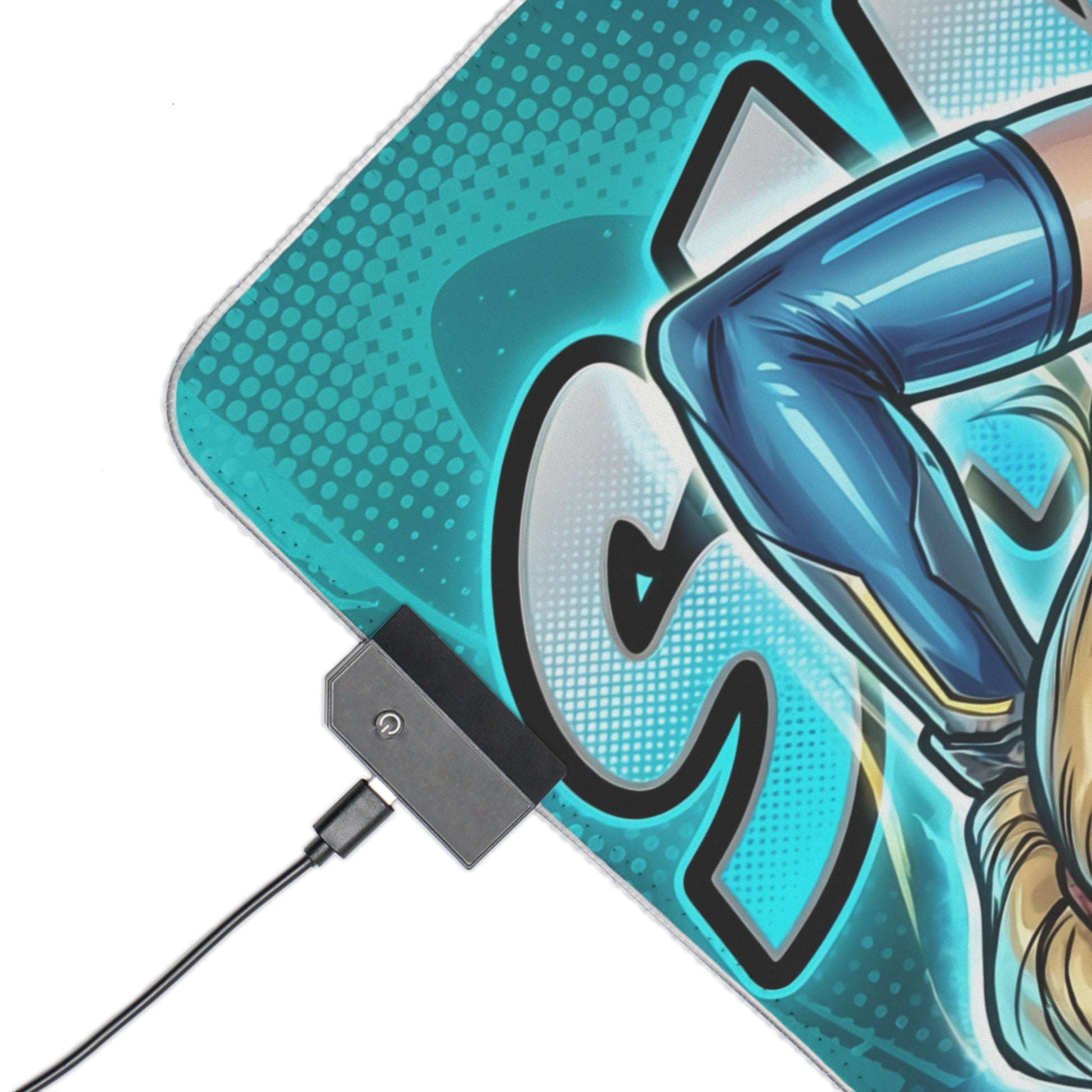 Samus Aran RGB Desk Mat, Sci-Fi Action Gaming Mouse Pad, LED Desk Mat for Gamer Setup with blue-armored art, RGB LED controller and stitched edge