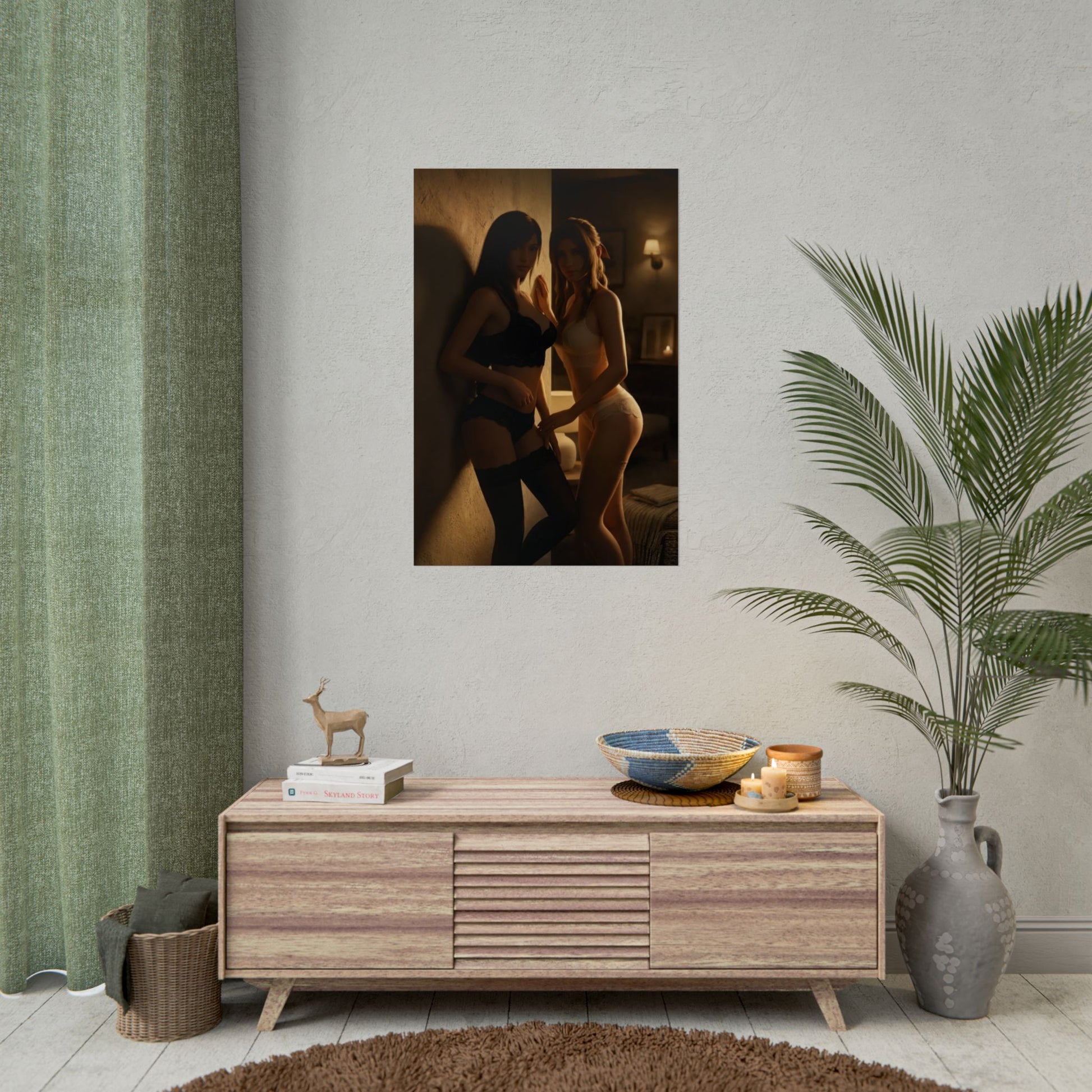 Tifa Aerith Poster, Final Fantasy VII Art Print – Gamer Room Wall Decor displayed in modern gamer room with moody lighting